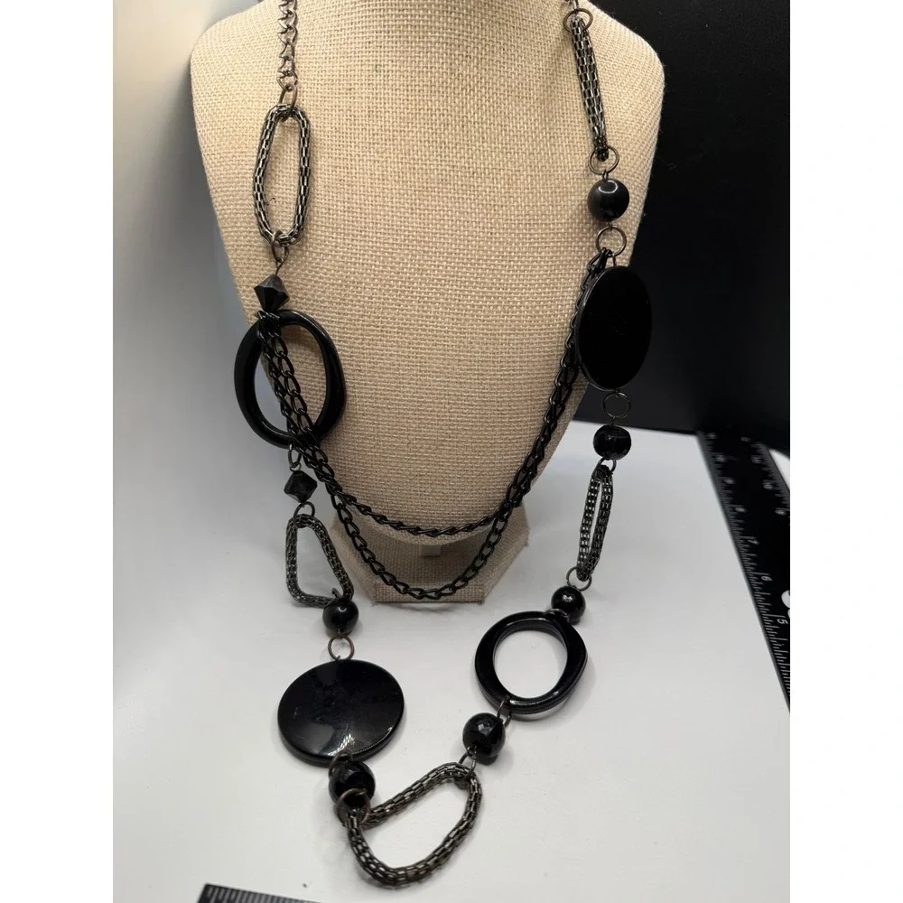 Black Chunky Statement Necklace Multi Strand Geometric Resin Disc Gunmetal Chain